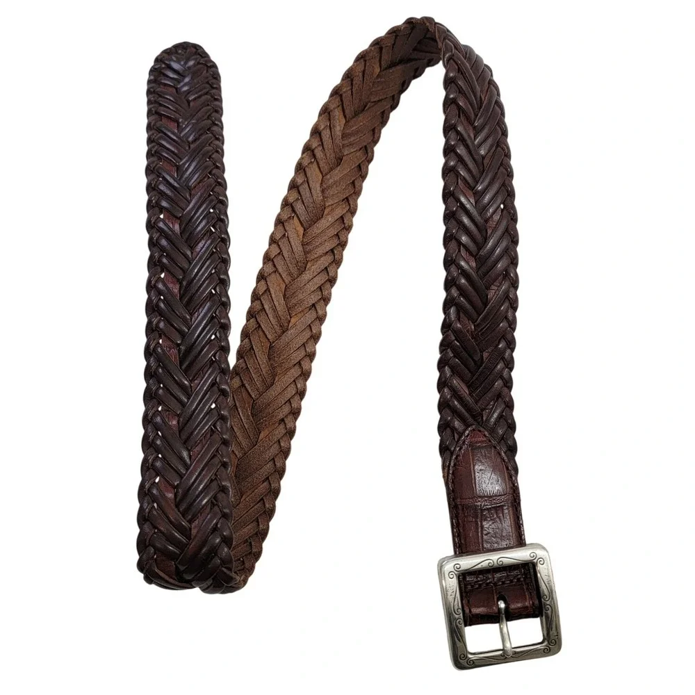Brighton Mens Brown Braided Leather Belt Engraved Silver‎ Buckle Q6607 Size 28